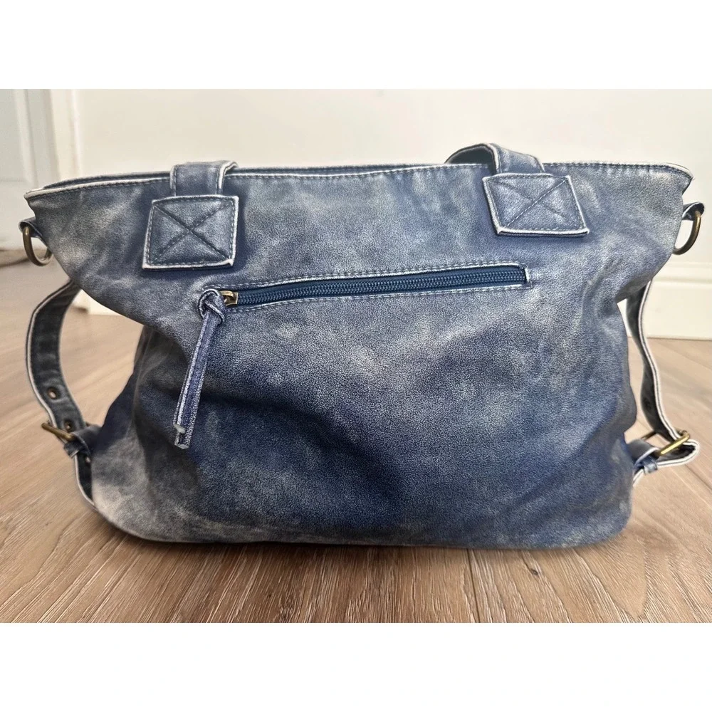 Montana West Blue Distressed Vegan Leather Shoulder Bag Western Tote Boho